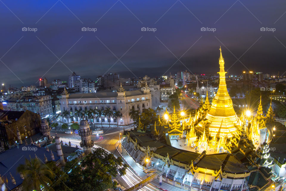 Night view of Yangon city with sule pagoda (Yangon, Myanmar)