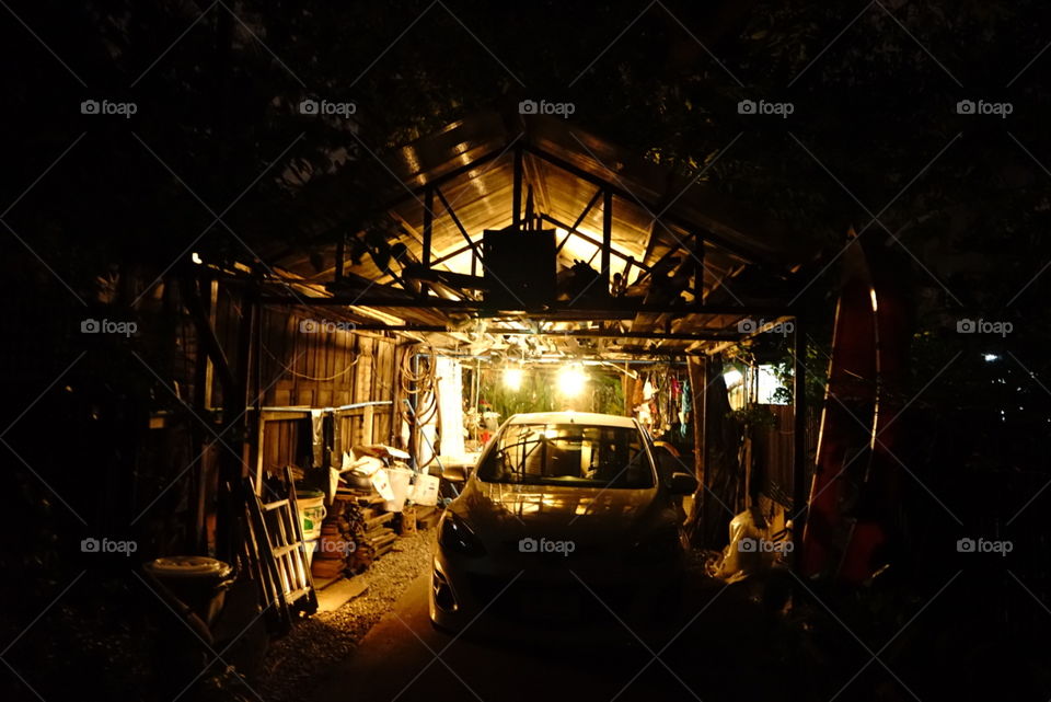 Dark rustic wooden garage 