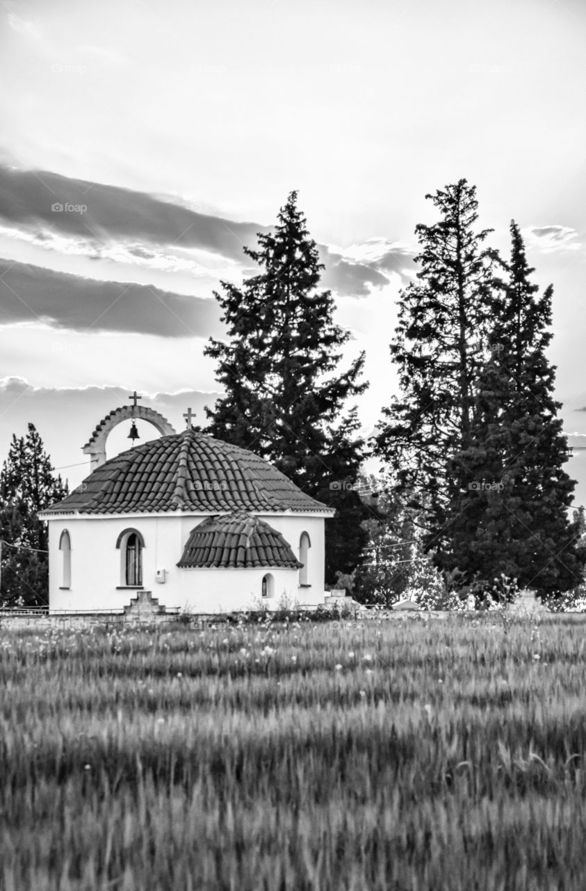 Landscape Rural Cemetery Church In Field
