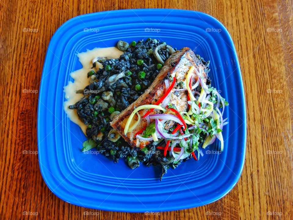 Peruvian Food, Salmon And Rice With Squid Ink
