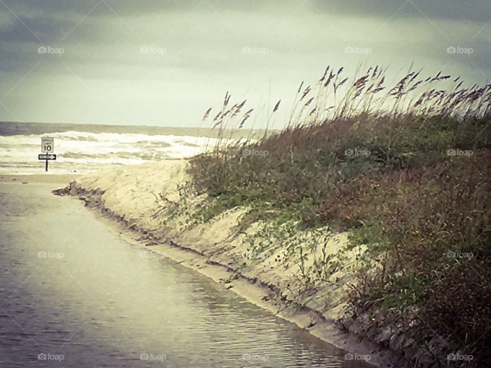 Beach access flooded after a storm. Nature landscape scene with surf, sand, dunes and plant life, 
