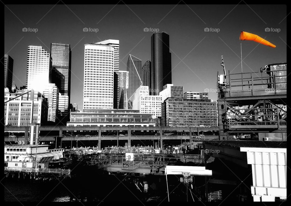 Seattle from Coleman Ferry Dock in Black and White