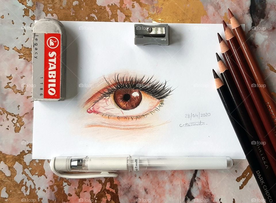 Brown eye Coloured Pencil drawing using the Arteza Coloured pencils and a white gel pen. *entered in the 'Flat Lay' mission*