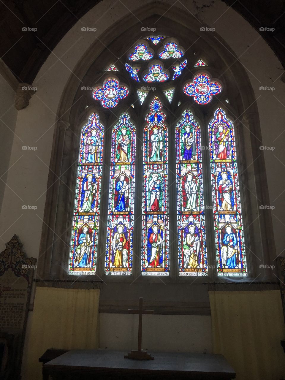 One of a number of beautiful stained glass windows to be found at St Mary’s Church at Bicton, Devon.
