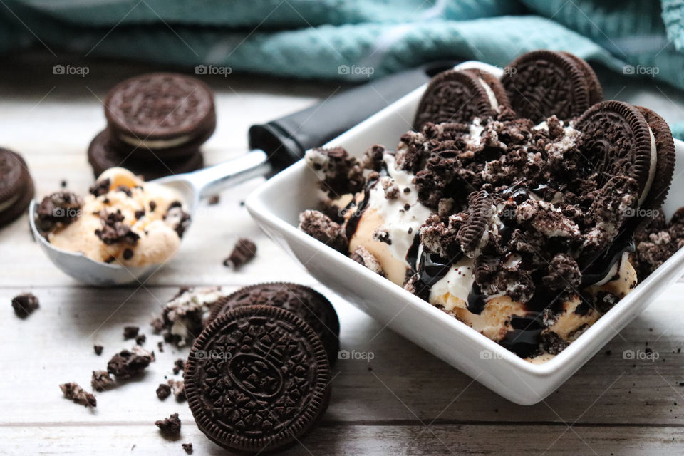 Vanilla Ice Cream with Chocolate Sauce and Cookies
