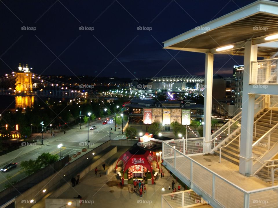 cincinnati downtown riverfront at night  great american ballpark Paul brown stadium