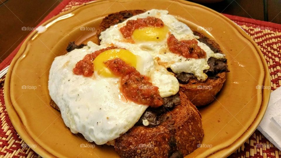 Eggs, on Toasted Bread with Black Beans & Salsa
