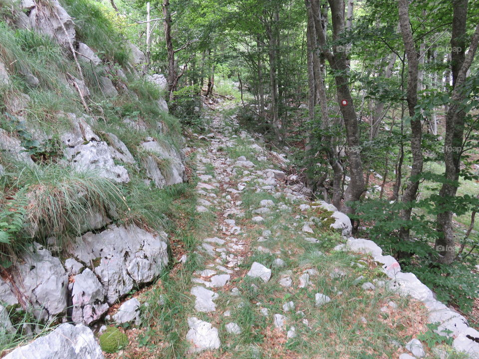 Remains of old stone hiking trail to mountain top