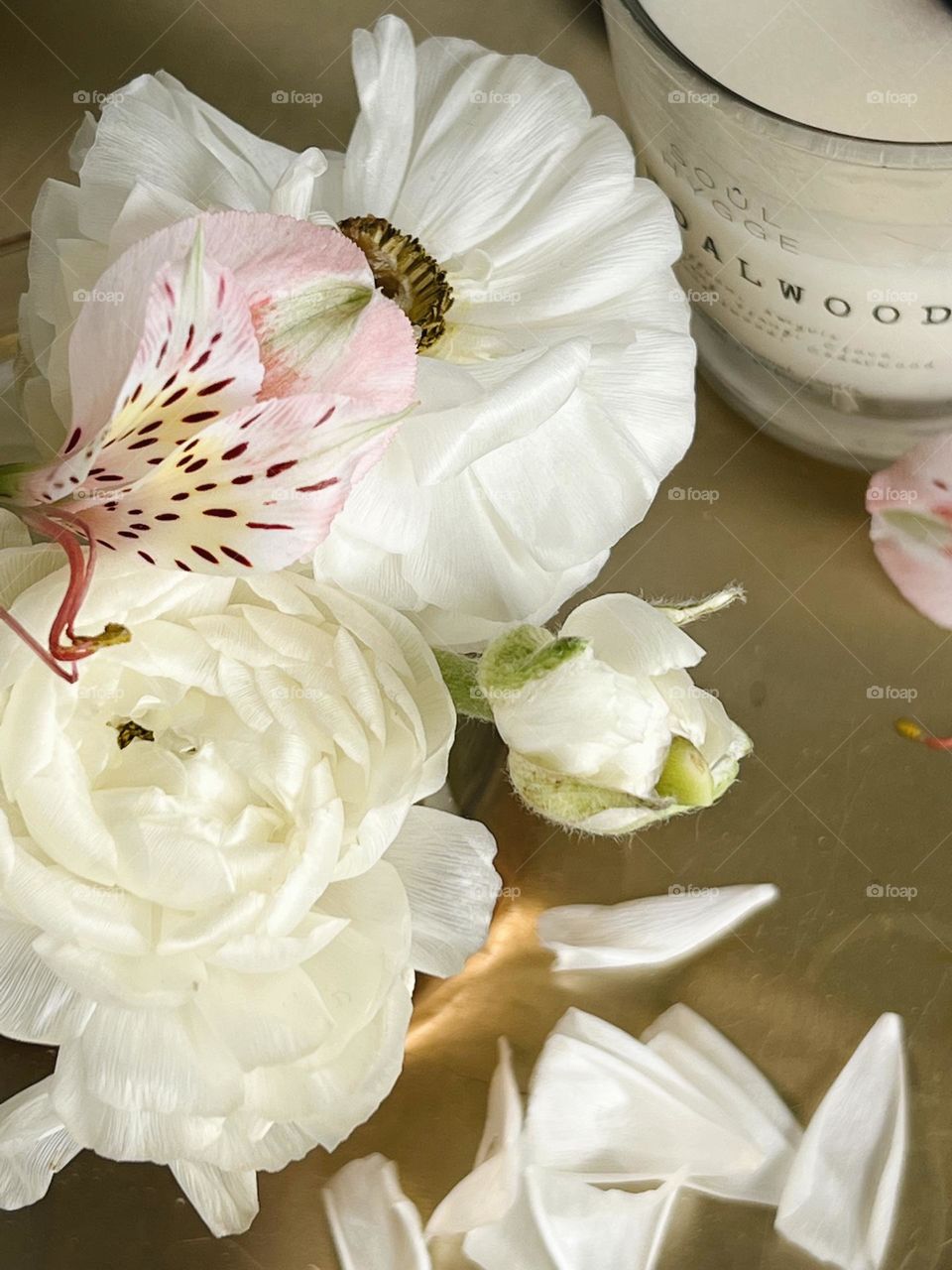 Flowers closeup, white flower, macro, flower flat lay, golden tray, soy candle, home decor 