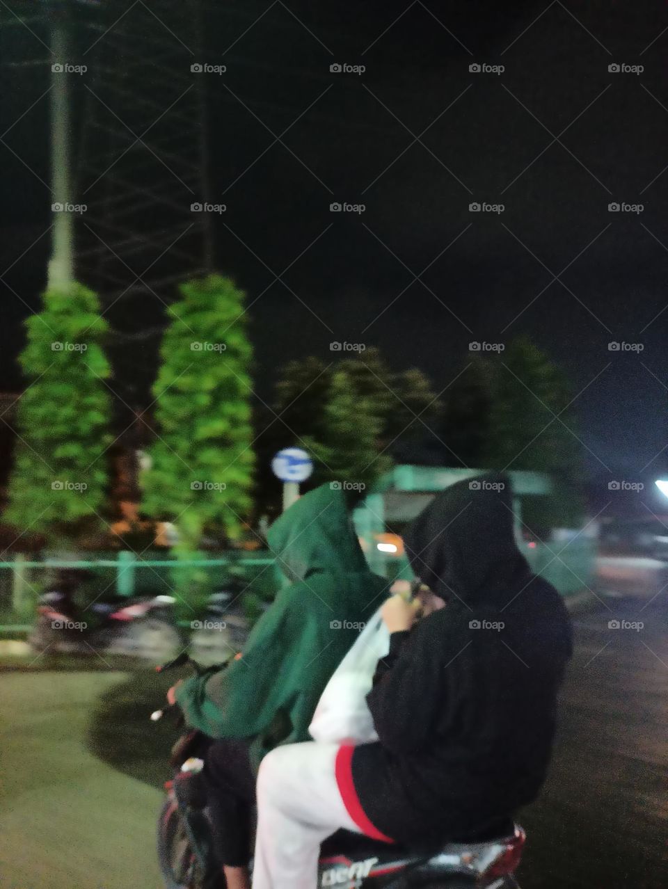 Riding Motor Together With Friend, At Night