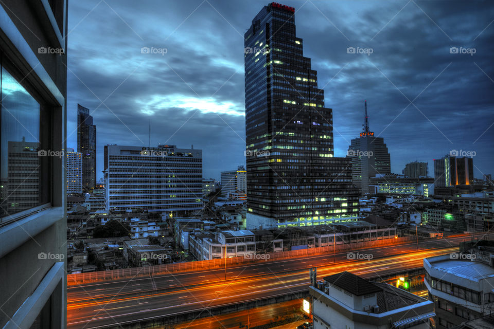 Long exposure shot of Bangkok city on the blue hour, view  from the hotel in Silom