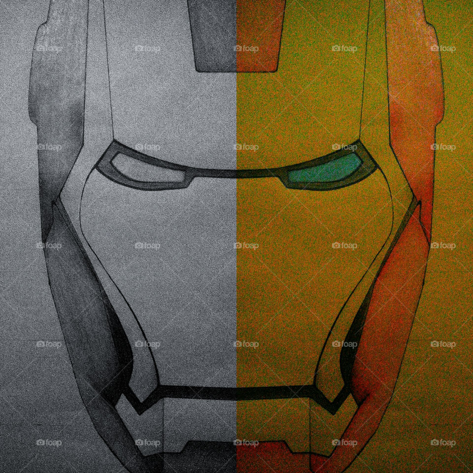 Iron man face hand dawn half coloured half b/w