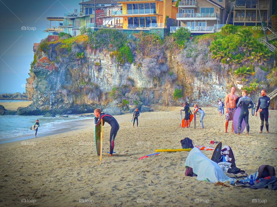 Surfers waiting to catch some waves in Laguna Beach Califorina