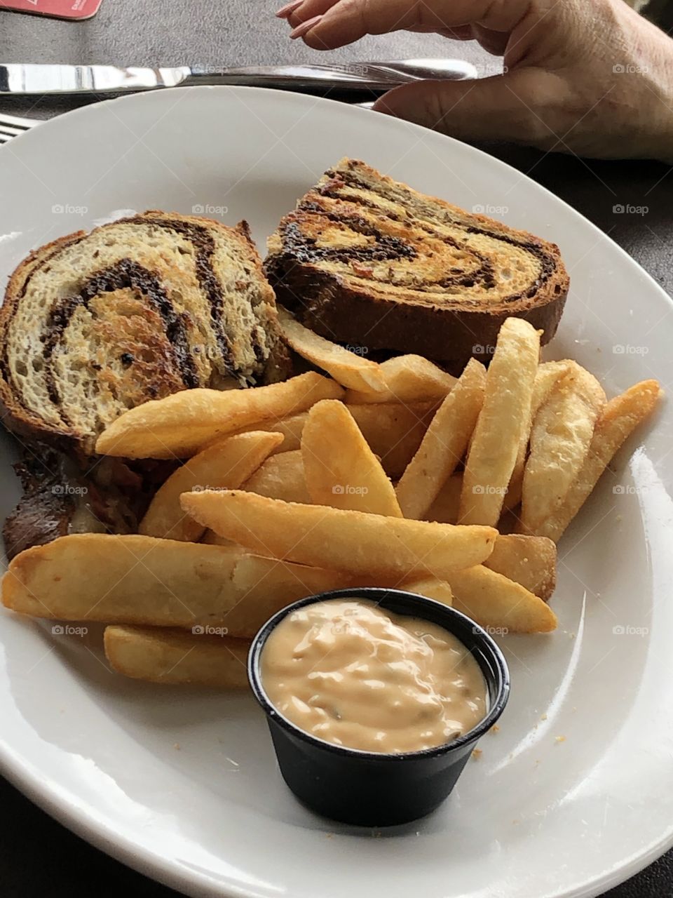 Side Plate of Marble Rye Toast and French Fries