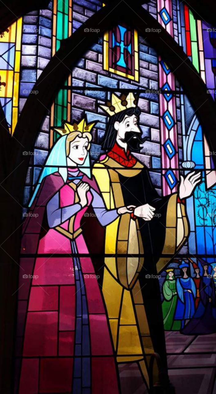 Disney land Paris / Euro Disneys
one of Sleeping beauty castles
stain glass window
(series available )
Sleeping Beauty Castle is the fairy tale structure castle at the center of Disneyland Park, Hong Kong Disneyland and Disneyland Paris. It is based on the late-19th century Neuschwanstein Castle in Bavaria, Germany,with some French inspirations (especially Notre Dame de Paris and the Hospices de Beaune).