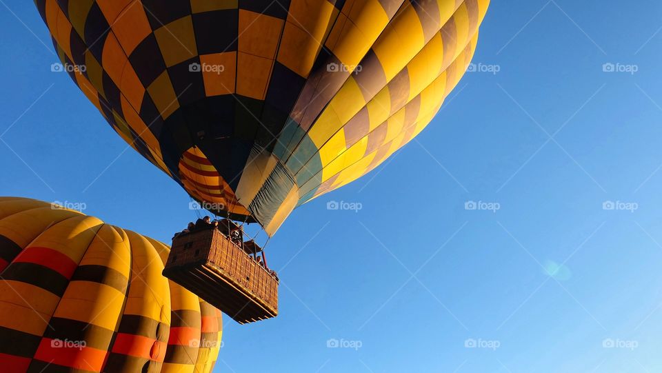 Two yellow hot air balloon gently floating over Napa Valley.