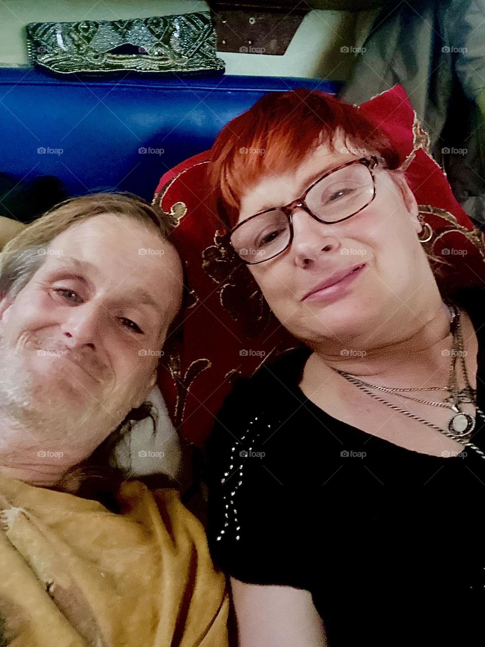 This is me, “Petra Schiller” a.k.a. “Maxine Firefox” and longtime partner “Timothy Trespas” relaxing together aboard the “Salvation”, our “28 foot 1969 Luhrs” cabin cruise that we call home. 2023. Hypnotic Productions