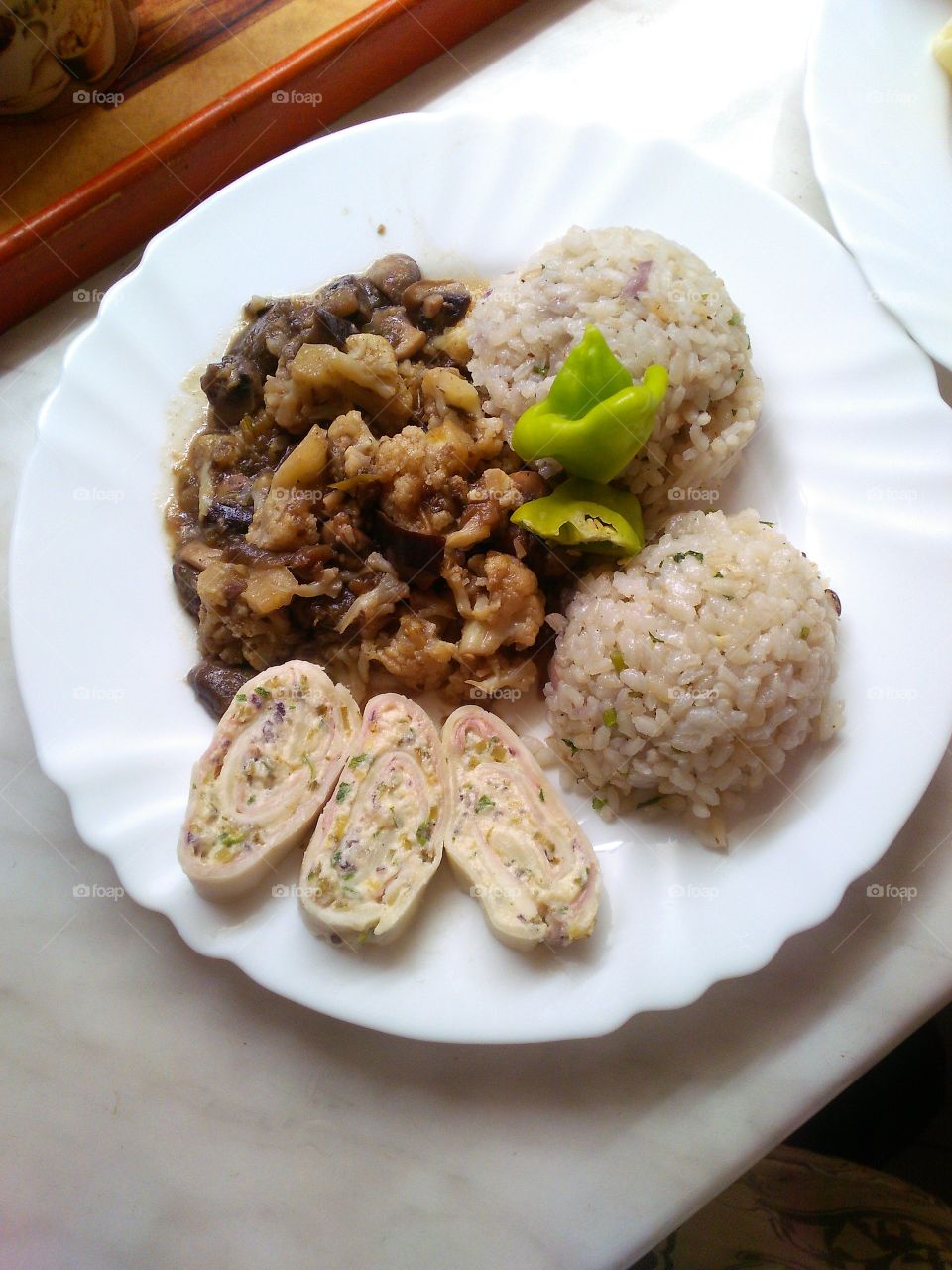 Stewed vegetables with cheese rolls and rice, all cooked and decorated by me :)