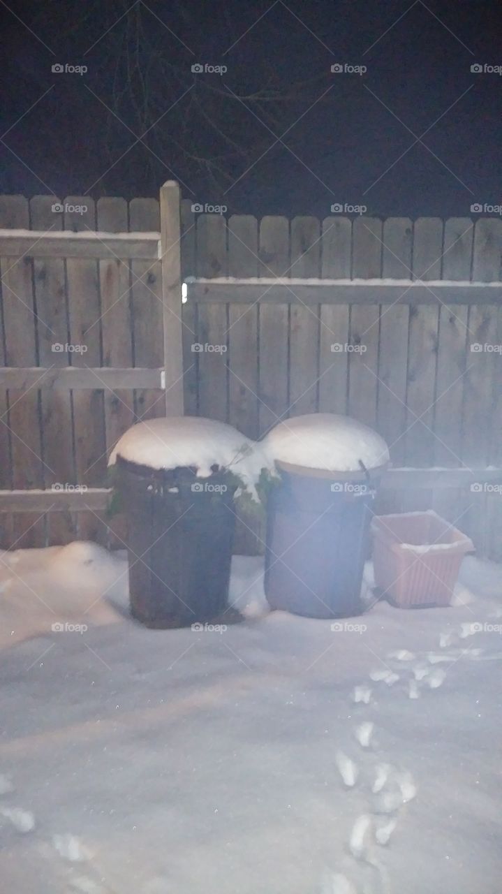 snow on garbage cans