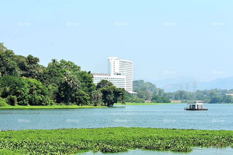 beautiful landscape with lake and building