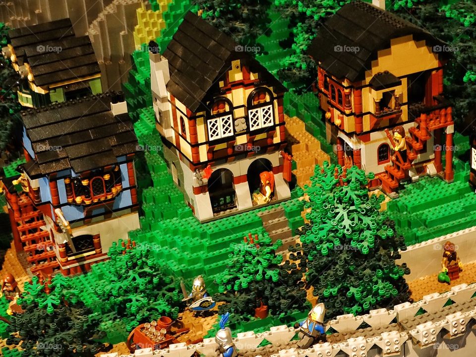 Medieval Village Diorama. Lego Bricks Recreating A Medieval Village Scene
