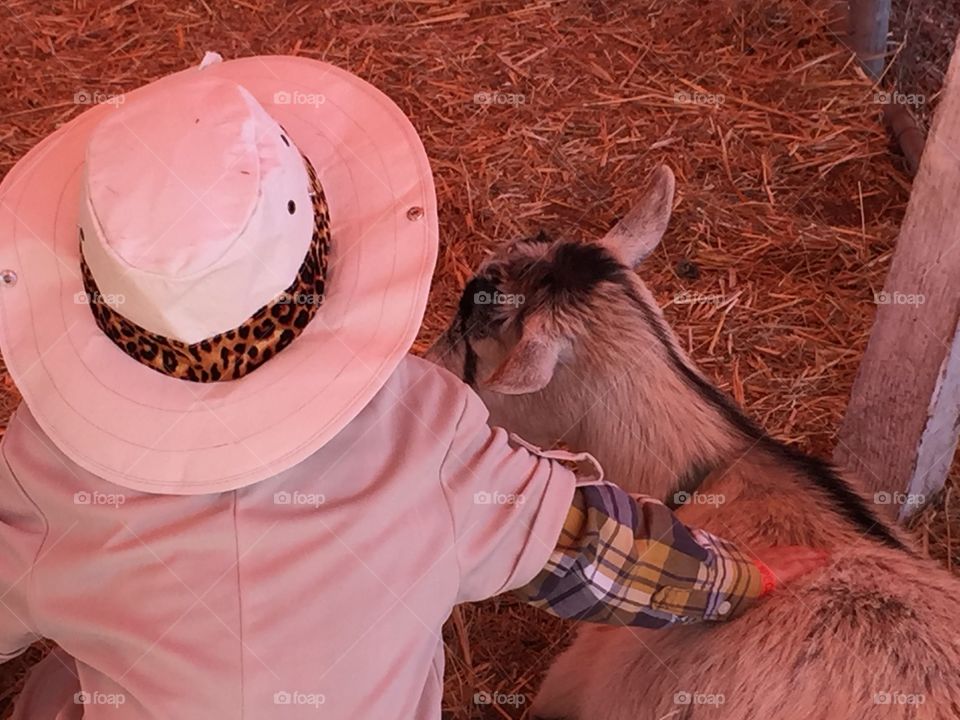 Child in Safari outfit petting a goat
