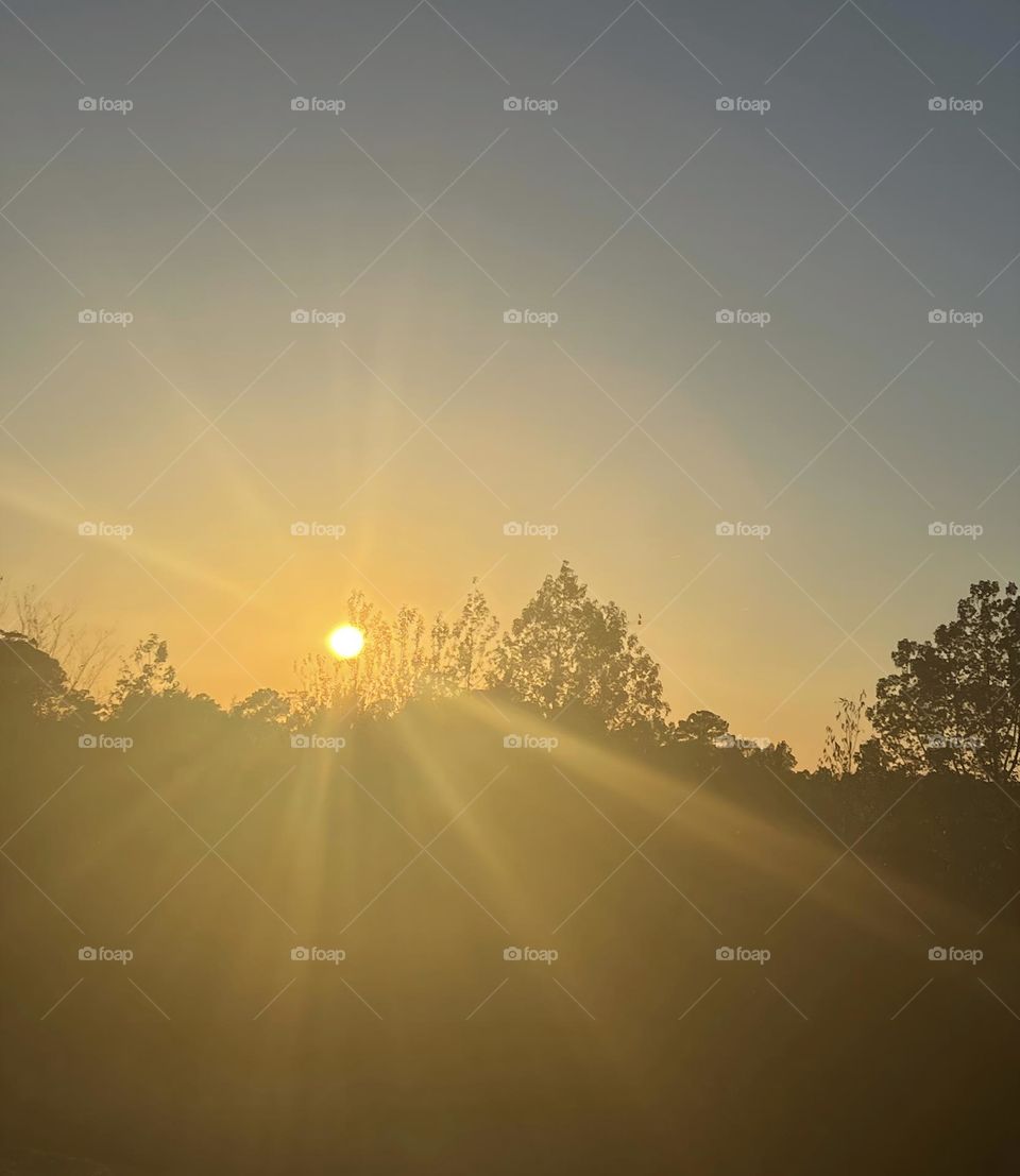 The afternoon fall sunset brilliantly lighting up the landscape.