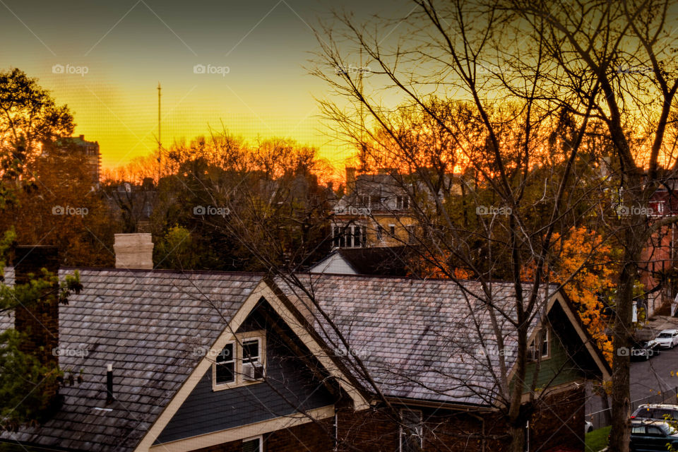 A beautiful sunset shot through a screen window overlooking uniform neighborhood rooftops. 