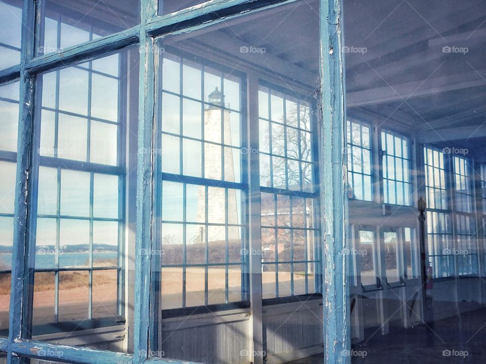 Lighthouse Point Park, lighthouse through glass