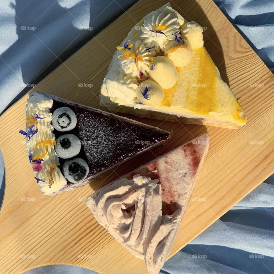 Mille crepe cake in 6 different flavours, matcha, chocolate, blueberry, raspberry, passion fruit 