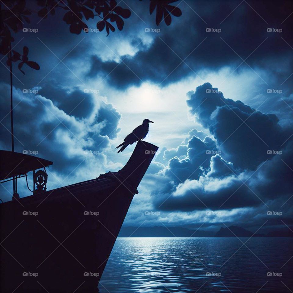 Mystical Night at the Calm Sea
In the silence of the night, a bird gently perches at the edge of a boat, a silent witness to the dramatic beauty of the night sky and the tranquil sea.