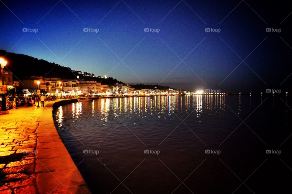 Greek port at night