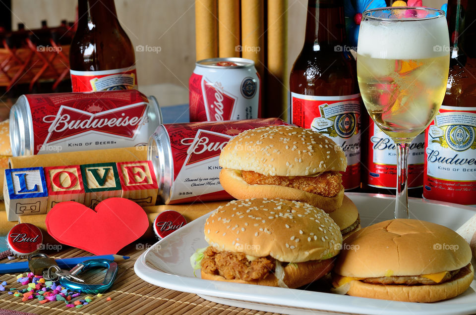 Budweiser and hamburger image. . Budweiser and burger. 