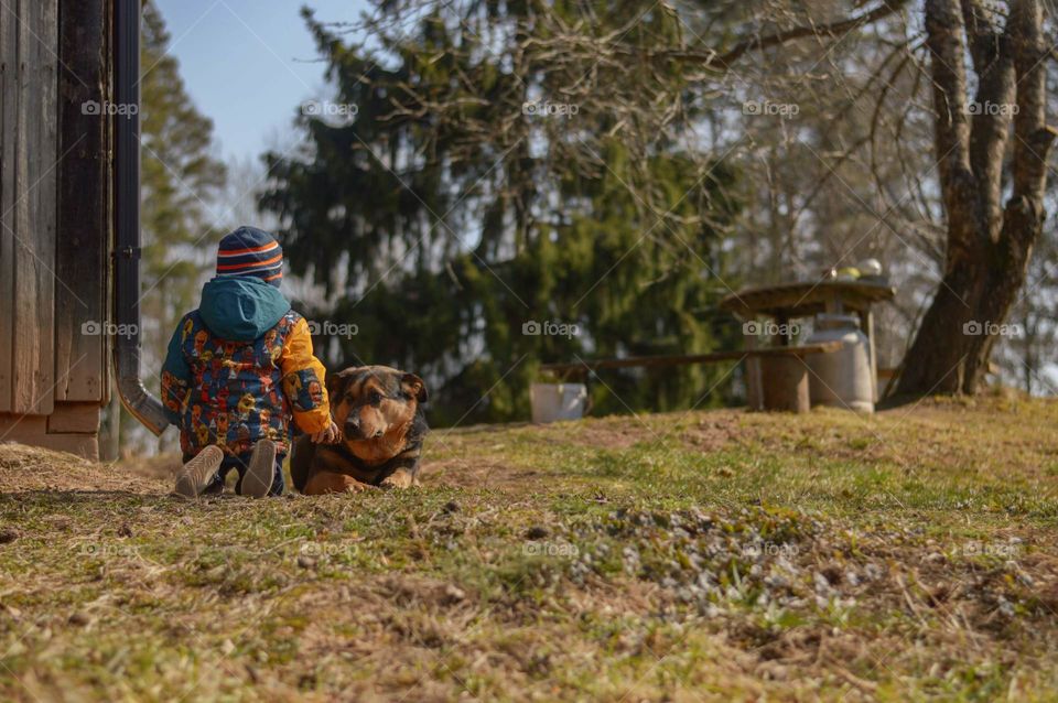 Little boy toddler playing with dog outside.