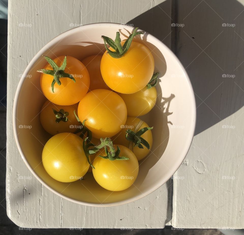 Freshly picked yellow tomatoes in a bowl on a wooden table