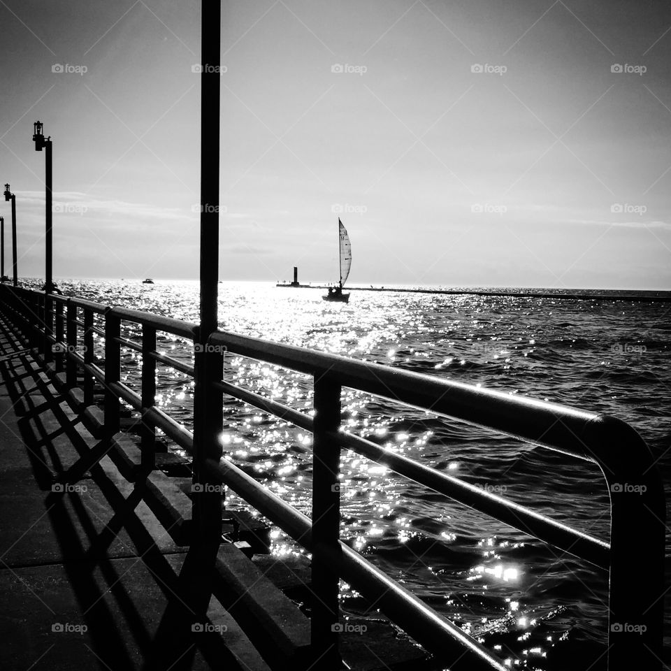 Sunset, Water, Sea, Monochrome, Pier