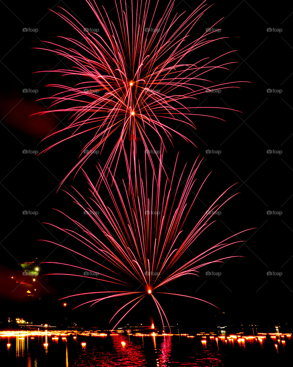 Fireworks . Fireworks from boat above lake Bled, Slovenia. Bled night, festival 