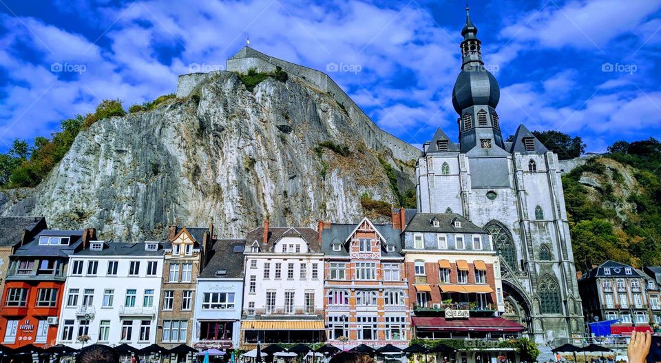 Beautiful colorful view of the houses in the rock in the city of Dinant in Belgium, vtd side close-up.