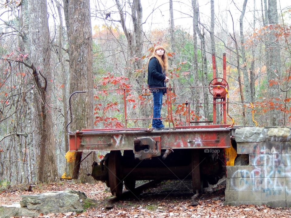 standing on railcar at Stump house tunnel park in Oconee county, South Carolina