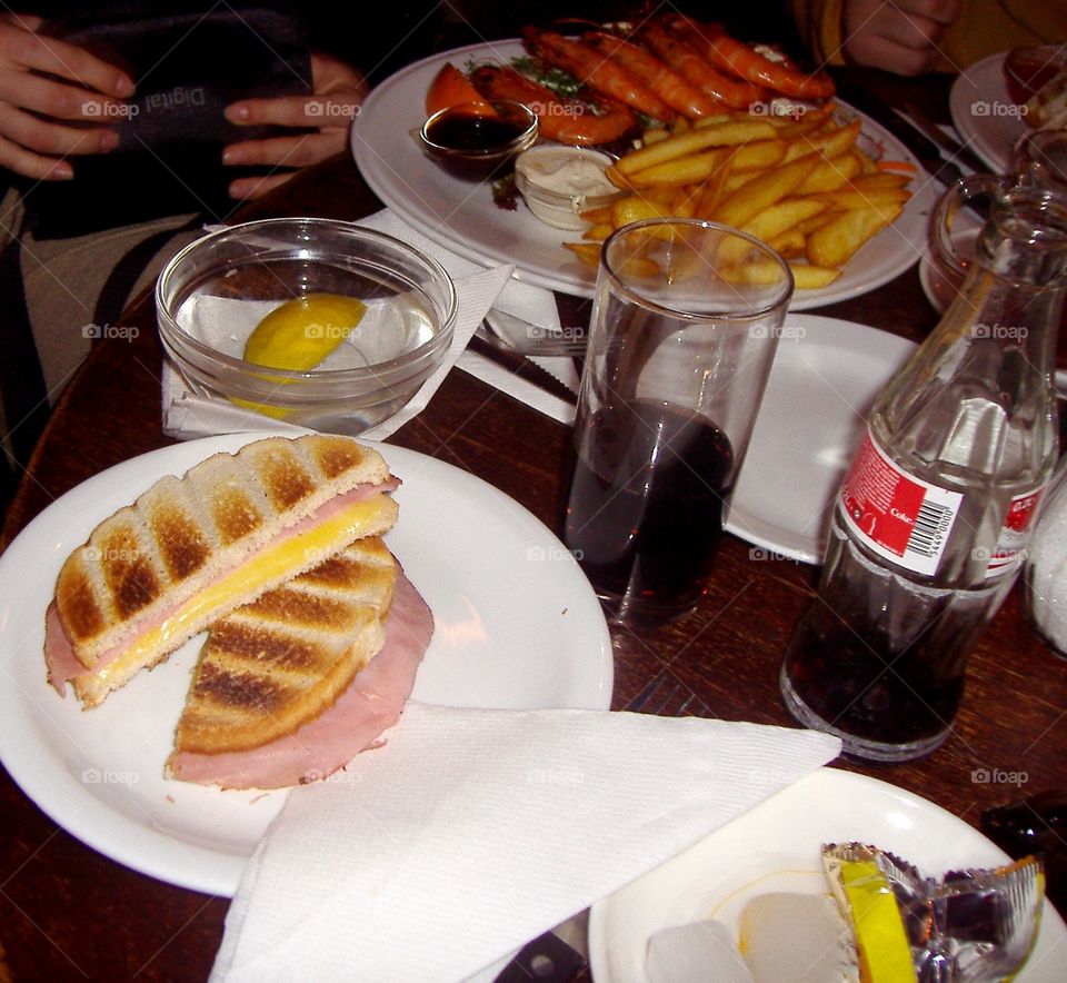 Food and drinks on a table in restaurant 
