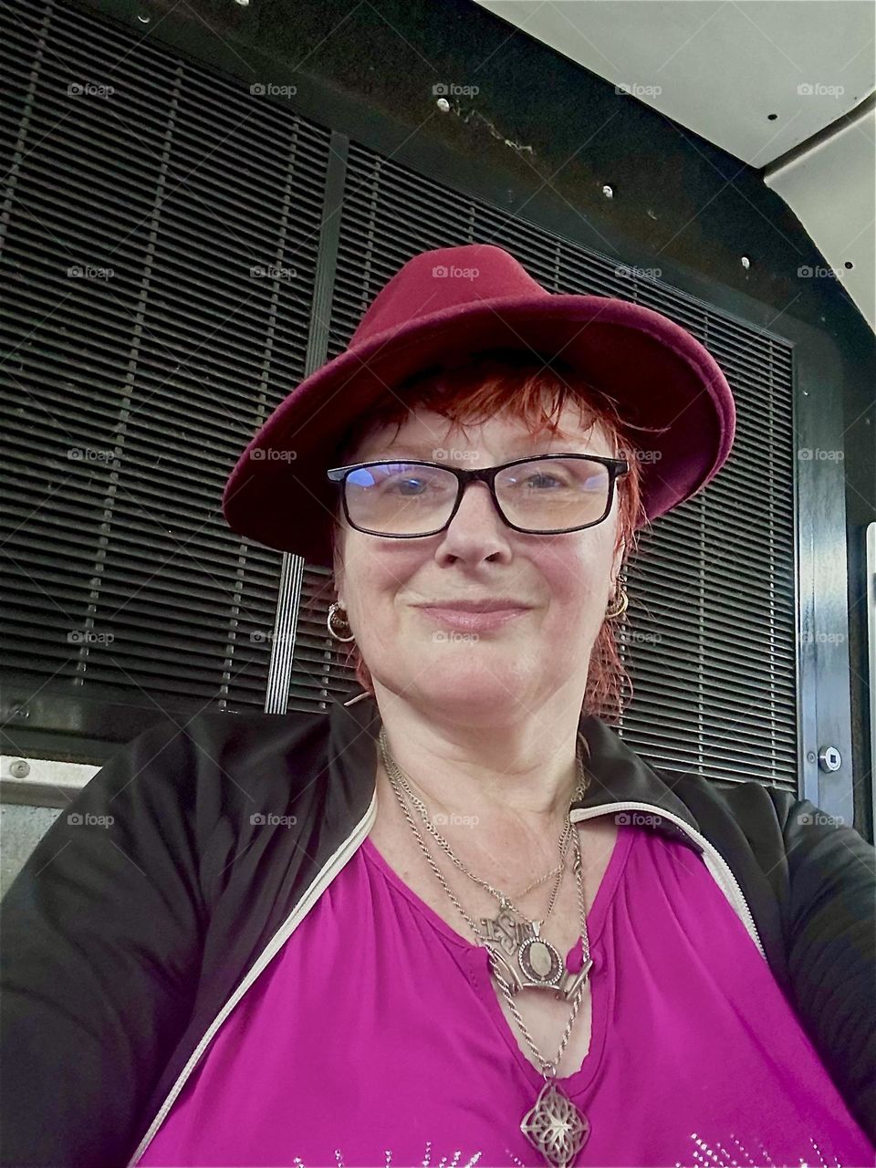 This is me, “Petra Schiller” a.k.a. “Maxine Firefox” riding the “B43” bus home from “Bushwick” to “Greenpoint”, Bklyn at “Newtown Creek” by the “Pulaski Bridge” that takes me across to LIC, Queens and our boat “Salvation”. 2024. Hypnotic Productions