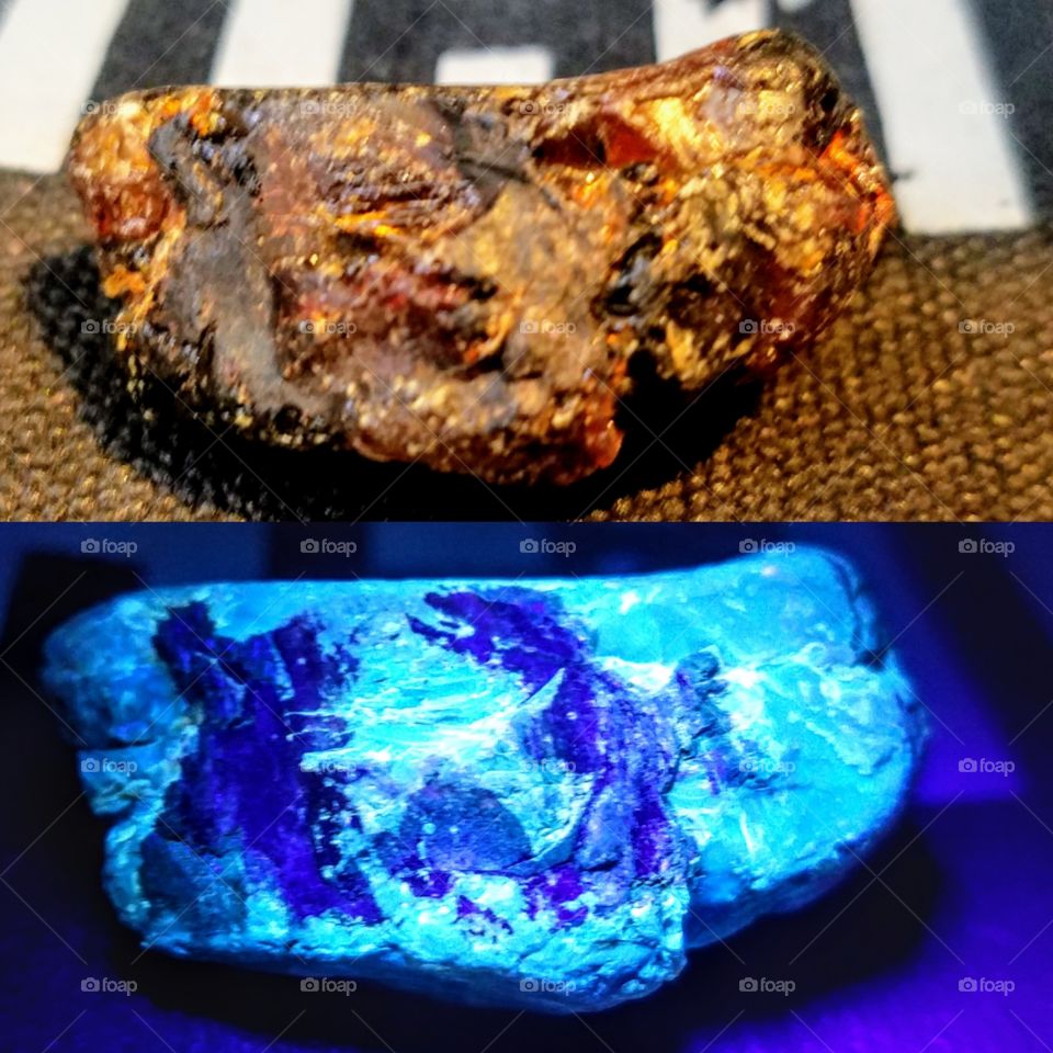 This is a split screen of the 3 way photo I posted prior but focusing only on the black amber in natural light vs uv light. The green/yellow of the resin under the uv light are amazing to see!