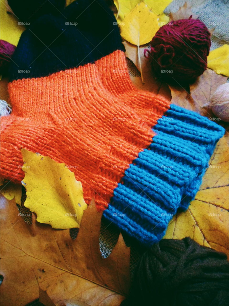 knitted warm socks and autumn leaves