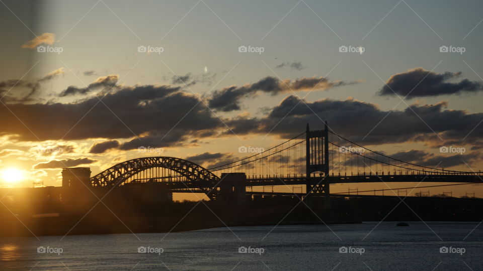 Bridge, Sunset, Water, River, City