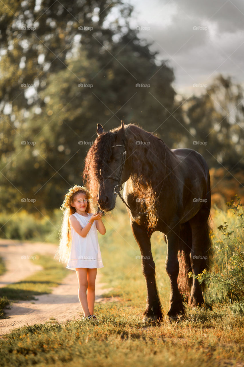 Little girl with black fresian stallion at summer evening 