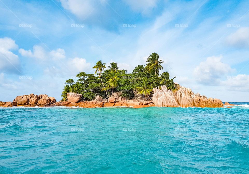 Idyllic tropical island with palm trees in middle of turquoise ocean