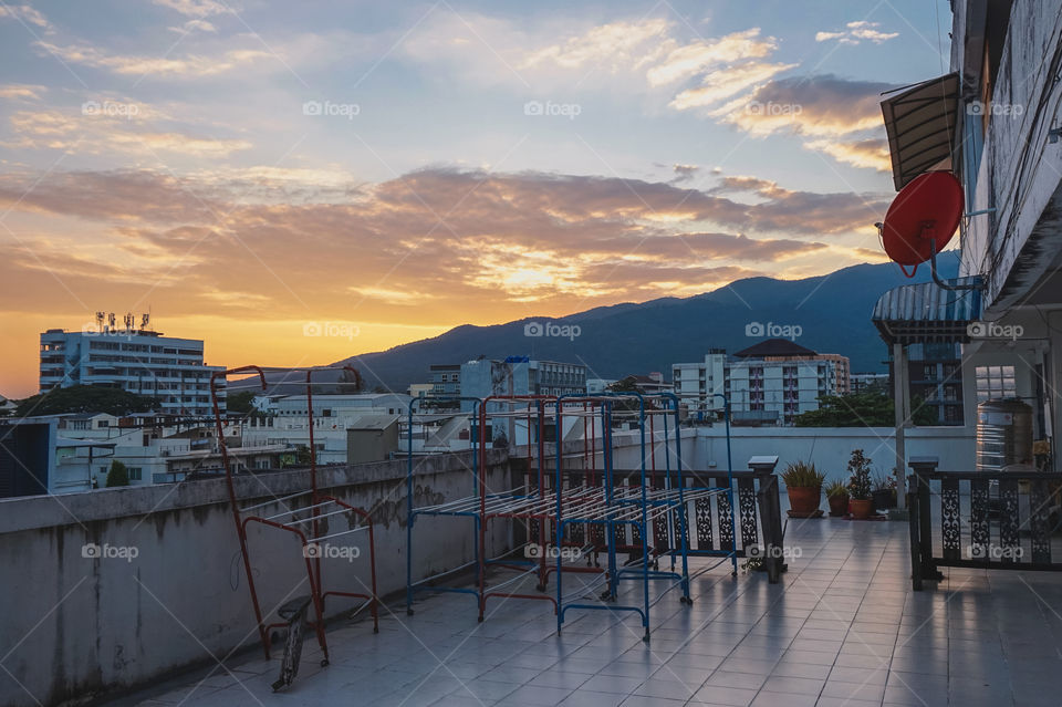 Balcony at sunset in Chiang Mai, Thailand 