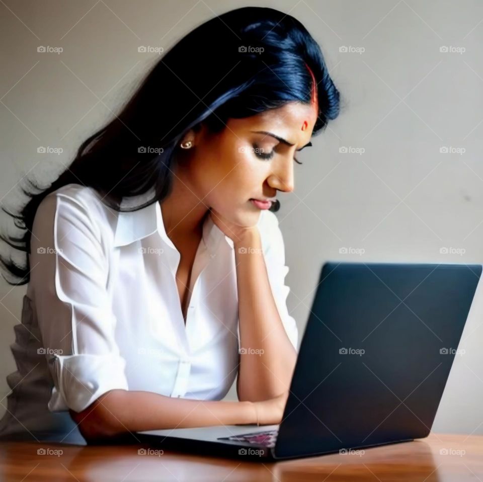 Indian women looking worried while working in office