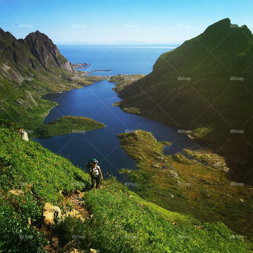 On the ridge. Hiking in Lofoten Norway