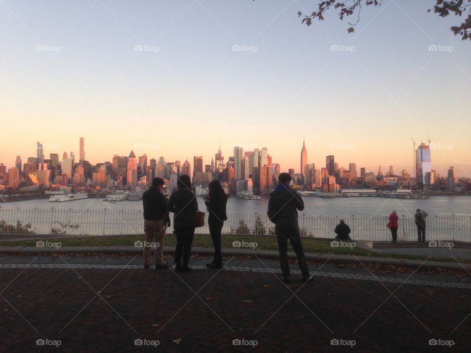 Sunset, City, Water, People, Architecture